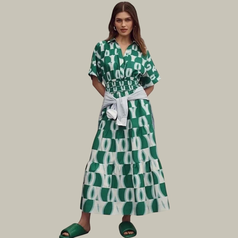 Anthropologie Somerset Maxi Shirt Dress Large Green Geometric Tiered Scandi
